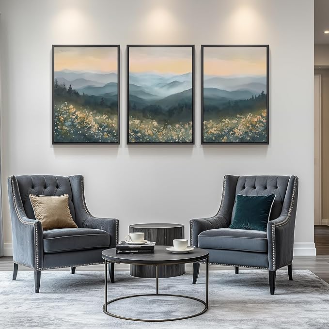 Large Framed Mountain Wildflower Landscape Wall Art for Living Room, 24x36 | Modern, Watercolor, Canvas artwork, Blue, Nature, Foggy scenery, Living room, Bedroom wall decor, Ready to hang, Wood frame