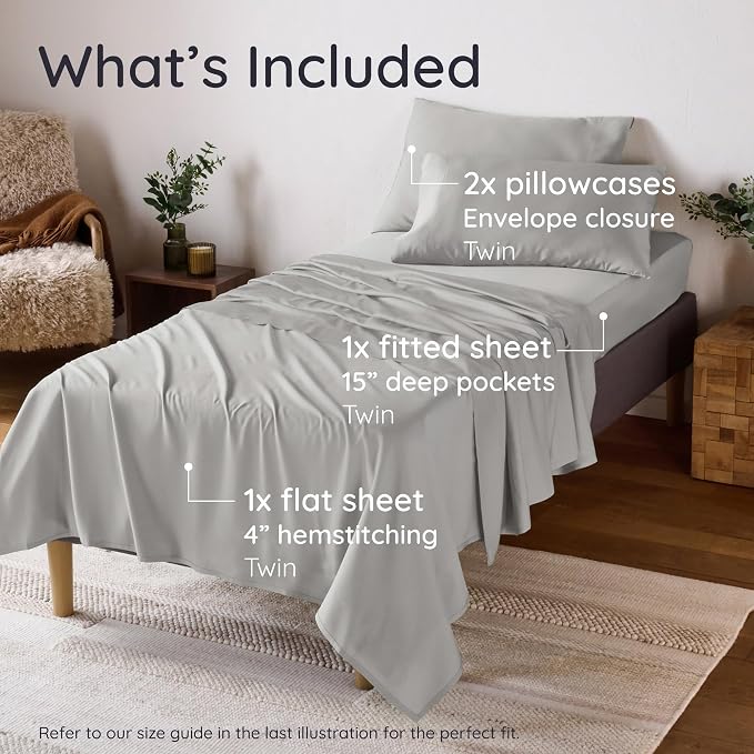 Bambaw 100% Viscose Derived from Bamboo Sheet Set Twin Size – 4-Piece Twin Size Sheets Set, Cooling, Smooth & Lightweight, Deep Pocket Design, Comfortable All Night (Moonlight Gray)