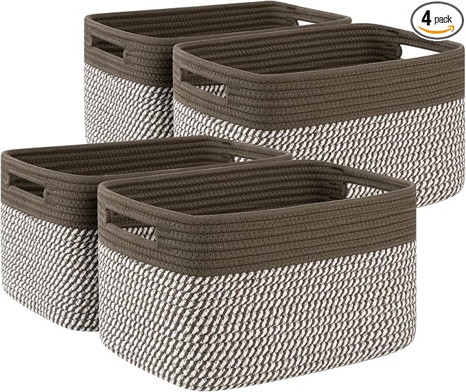 4 Pack Storage Baskets for Organizing, Woven Baskets for Shelves - Perfect for Toys, Books, Towels, and Clothes, Durable Gift Basket Bins Toy Storage, 12.7''Lx9''Wx7.8''H, Green & White