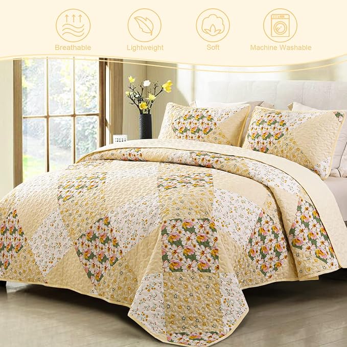 Exclusivo Mezcla Reversible Boho Quilts Queen Size Yellow | Lightweight Soft Bedspreads, All Season Patchwork Coverlet Bedding Set, Printed Floral Pattern, 1 Quilt and 2 Pillow Shams