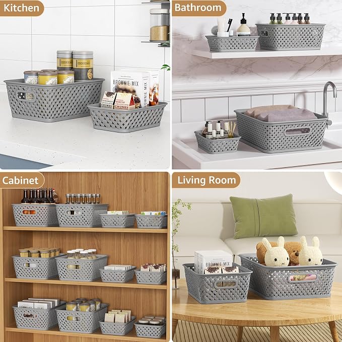 MaxGear 3 Pack Plastic Storage Baskets, Medium, Grey | Durable Woven Plastic with Built-In Handles, Suitable for Shelves, Closets, Cabinets, Bathrooms and Offices