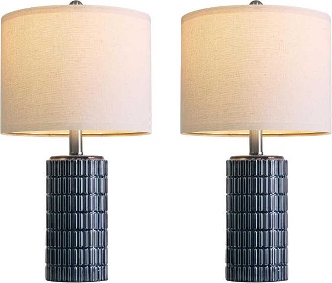 PoKat 20.75" Small Blue Table Lamps, Farmhouse Bedside Lamps for Bedroom Set of 2, Ceramic End Table Lamps for Night Stands Living Room, Modern Nightstand Desk Lamps, Dark Blue