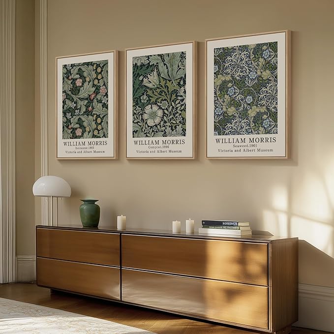 Framed William Morris Green Floral Canvas Wall Art Set of 3, 16x24 In | Fine art, Vintage, Nature, Aesthetic, Easy to hang, Waterproof, Living room/Bedroom/Office/Hallway/Wall decor