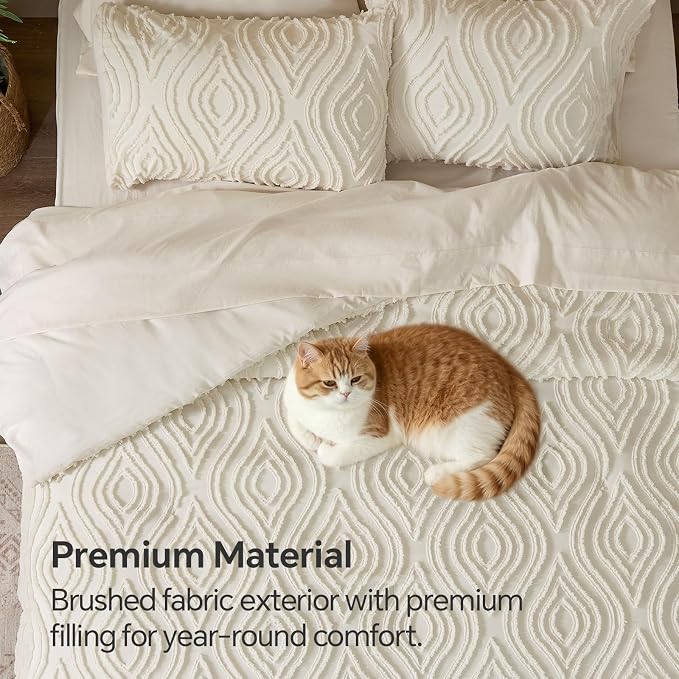 BEDELITE Queen Comforter Set 7 Pieces,Boho Bed in a Bag,Wavy-Cream White | Tufted Bed Set for All Seasons,Soft Farmhouse-Style Embroidery Bedding,Includes Flat & Fitted Sheets,2 Pillowcases & 2 Shams