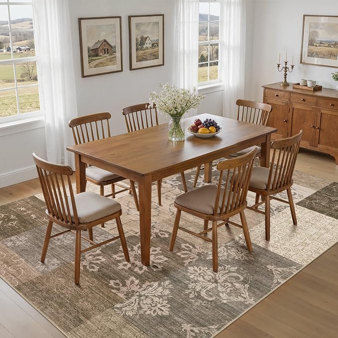 UERMEI 9x12 Area Rug for Living Room, Washable Brown Modern Geometric Patchwork Non Slip Stain Resistant Low Pile Foldable Carpet for Bedroom Dining Farmhouse Home Office