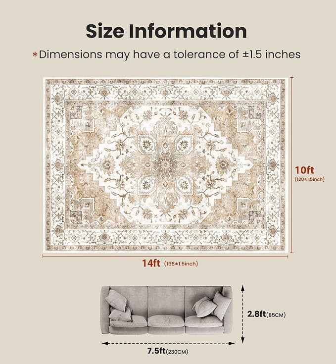 Amada Large 10x14 Washable Area Rug for Living Room, Beige, Boho Vintage | Machine Washable, Low-Profile Pile, Soft Texture, Stain-Resistant Surface, OEKO-TEX Certified, Non-Slip Backing, for Bedroom