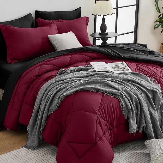 7-Piece Oversized King Comforter Set, Red & Black | Reversible, All-Season, Soft, 7 Piece Set, All-Season Reversible Bed in a Bag, Flat Sheet, Fitted Sheet, Pillowcases