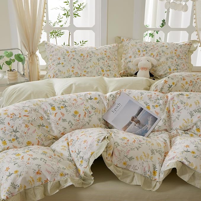 mixinni 100% Cotton Duvet Cover Set Full, Reversible Spring Floral Ruffle Green Striped Bedding for Girls, French Country Cottagecore Aesthetic 3PC Duvet Cover with Zipper Closure & Pillowcases