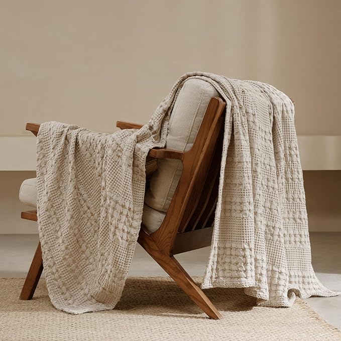 PHF Lightweight 100% Cotton Waffle Throw Blanket for Couch, Light Taupe | Pre-Washed Soft Cotton Comfort, Breathable Layering Warmth for Fall & Winter, Office, Travel, Sofa, Home Decor & Gifts