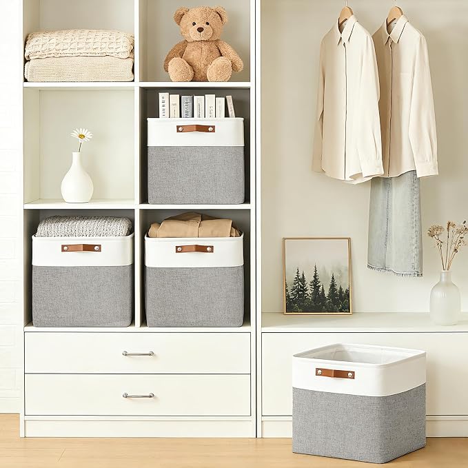 13x13 Cube Storage Bins, Collapsible Fabric Storage Box, 4 Pack Closet Baskets with Handles for Organizing, Shelf, Toys, Clothes, Home, Office, Nursery (Grey&White)