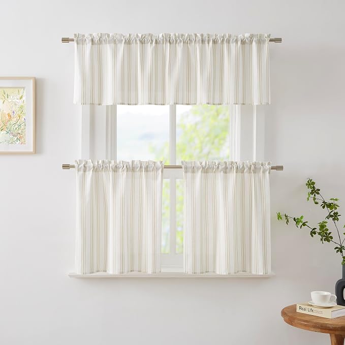 ZJDECOR Cotton Blended Tier Cafe Curtains with Beige Stripes,27" Wx24 Lx2 | Kitchen Curtains,Semi Sheer,Rod Pocket,Cotton Blend Tiers,Cottage Farmhouse Rusitc,Kitchen Bathroom RV Window Treatment