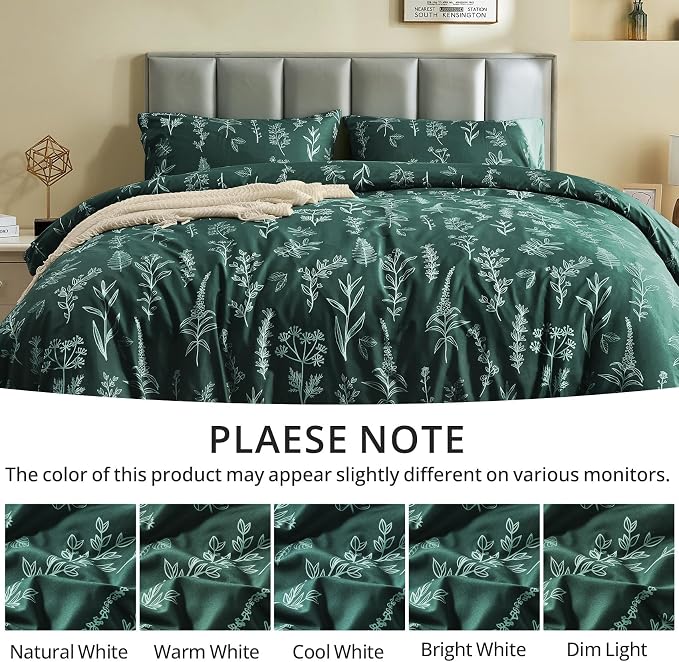 MUXHOMO Duvet Cover Twin/Twin XL Size Set, Reversible Floral Forest Green Duvet Cover with Zipper Closure, 2 Pieces Botanical Patterns Soft Microfiber Bedding Set with 4 Ties (68"x90", 1 Pillow Case)
