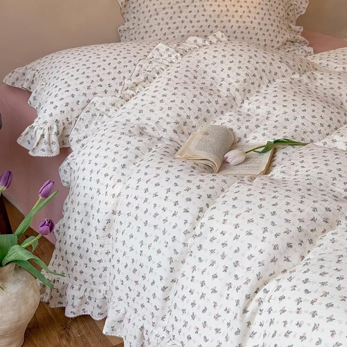 Muslin Cotton Duvet Cover Full, Teens Kids Ruffles Comforter Cover, Chic Shabby Pink Bellflower Print Quilt Covers 79"x90", Zipper Closure, No Pillow Case, Machine Wash