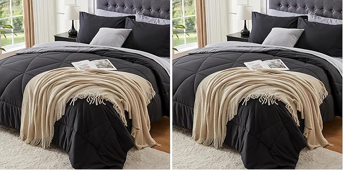 BEDELITE Queen Comforter Set 7 Pieces Bed in A Bag - Soft Microfiber Reversible Black Bed Set with Comforters, Sheets, Pillowcases & Shams, Cozy Luxury Bedding Sets for All Season (Pack of 2)