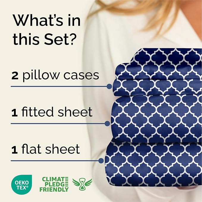 Cal King 4 Piece Striped Sheet Set - Breathable & Cooling - Navy Quatrefoil | 1 Flat, 1 Fitted & 2 Pillowcases w/ Deep Pockets, Luxury Striped Bedding, Soft, Breathable & Cooling, Wrinkle & Fade Free