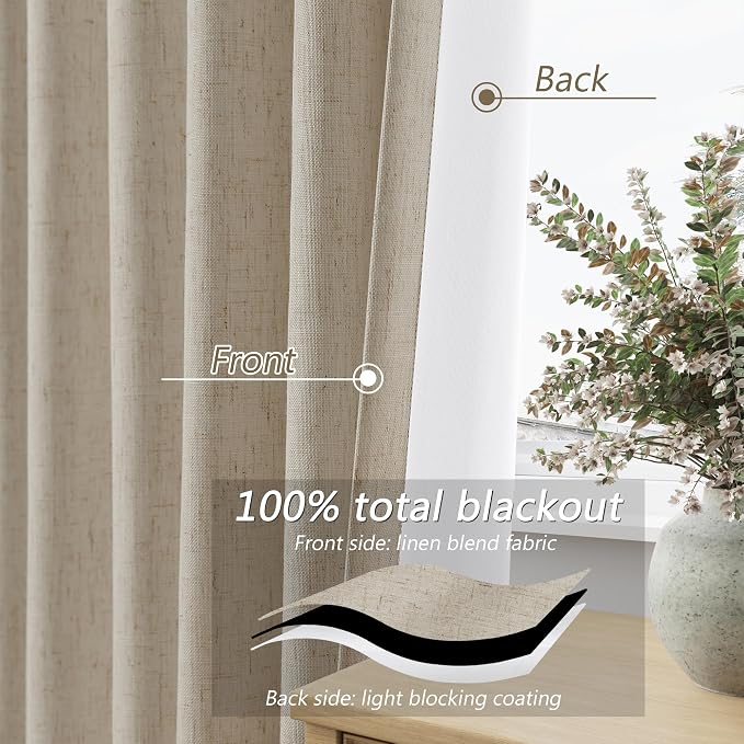 Extra Long 100% Blackout Linen Curtains for Bedroom 108 inches Long 9 FT, Thermal Insulated Room Darkening Black Out Window Drapes for Living Room, Back Tab Rod Pocket 2 Panels Set,Stone Beige,52x108