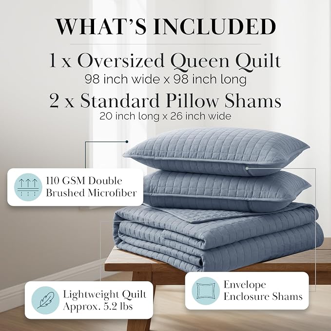 Southshore Fine Living, Inc. Queen Quilt Set, Full Size Bedspread with 2 Matching Pillow Shams, Soft Microfiber Lightweight Quilts, Queen Size Coverlet, Vacation Rental Quilts, Slate Blue Quilt