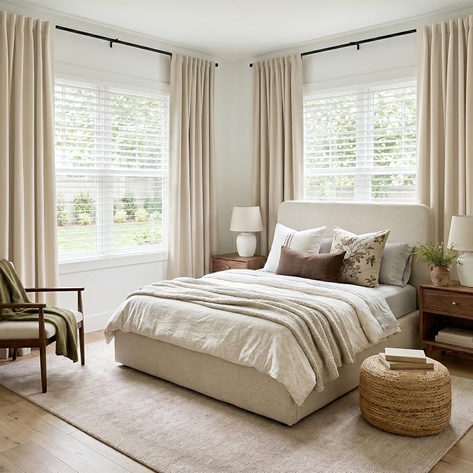 INOVADAY 100% Blackout Linen Curtains for Bedroom 50x108 Inches Oatmeal | Linen Textured, Light Blocking, Room Darkening, Thermal Insulated, Back Tab Top, Window Curtains for Living Room, 2 Panels