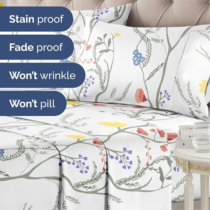 Twin 3 Piece Floral Sheet Set - Soft, Breathable & Cooling - Wild Flower | 1 Flat, 1 Fitted & 1 Pillowcase w/ Deep Pockets, Boho Botanical Floral Bedding, Breathable & Cooling, Wrinkle & Fade Free