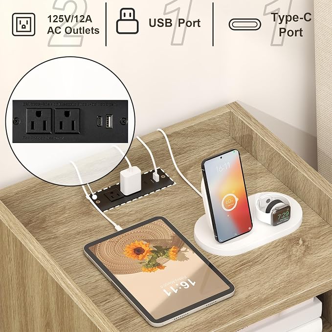 MECHYIN Night Stand Set 2, Nightstands Set of 2 with Charging Station, Rattan Side Tables with Solid Wood Legs, Boho Bedside End Table for Apartment Bedroom Dorm Small Space