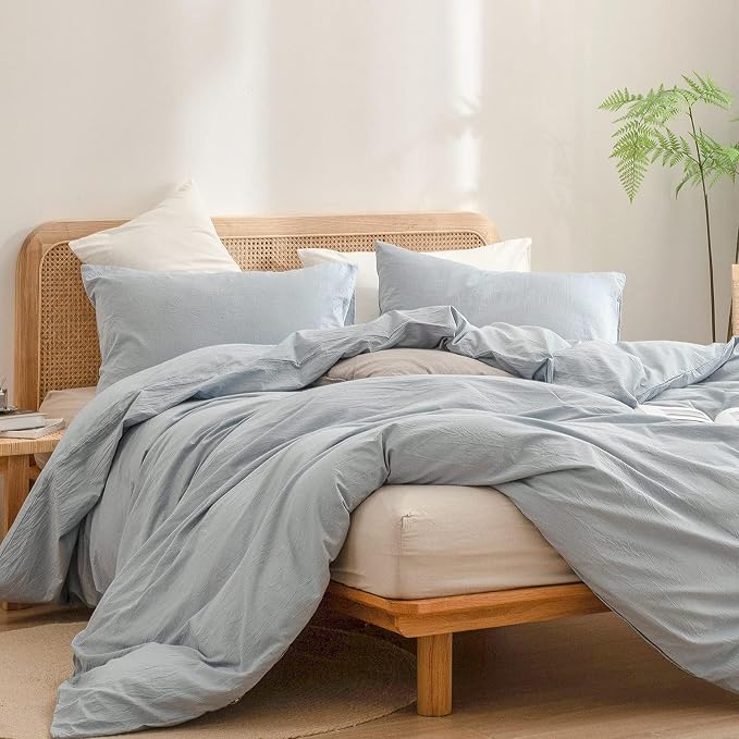 BESTOUCH Cotton Solid Duvet Cover Set Cornflower Blue Oversized Full | 100% Washed Cotton, Soft Wrinkle Texture, Hidden Zipper, 8 Ties, Breathable Lightweight Durable Comfy, 3 Pcs No Insert