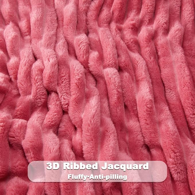 NEWCOSPLAY Fleece Ribbed Cozy Twin Blanket for Couch, Coral Pink, 60"x80" | Premium Silky Flannel Blanket, Soft Lightweight Fluffy Throw Blanket for Bed Sofa Decor, Gift for All Season Use