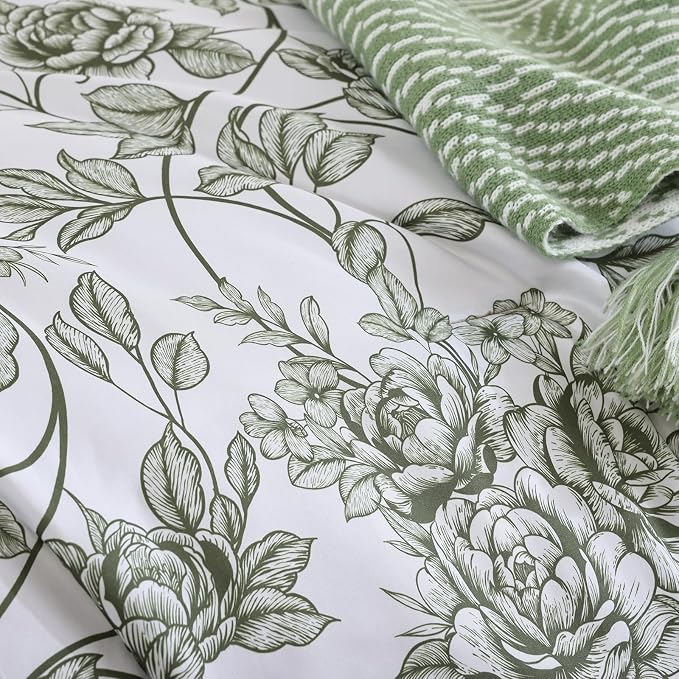JANZAA Queen Size Comforter Set - Green Peony Floral Shabby Chic Bedding | 3 Piece Cute Floral Bedding for All Season, 1 Soft Fluffy Breathable Microfiber Comforter Set with 2 Pillowcases