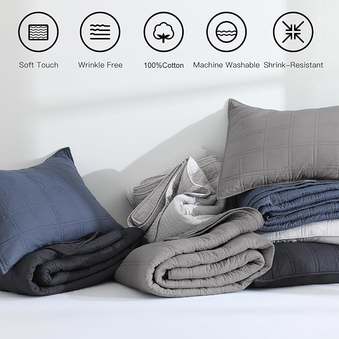 HORIMOTE HOME 100% Cotton Quilt Set Queen Size, Grey Pre-Washed Bedspreads Coverlet Set in Geometric Pattern, Cozy Lightweight Stitching Decorative Bedding Cover with 2 Shams for All Season