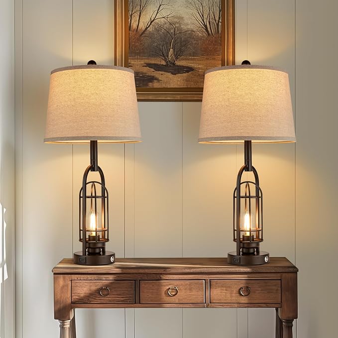 Living Room Lamps Set of 2, Farmhouse Table Lamps with USB A+C Charging Ports, Touch Lamps for Bedrooms with Oil Rubbed Bronze Finish, 4 Bulbs Included