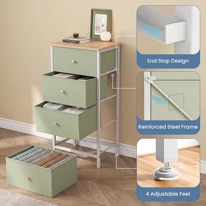 DUMOS Night Stand with 4 Drawers, Bedside Table for Bedroom | Nightstand with Removable Fabric Bins, Steel Frame with Wood Top, Small Storage Tower for Bedroom Closet, Light Green