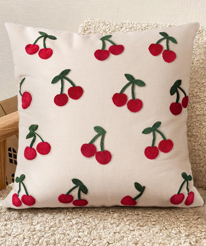 Embroidered Throw Pillow Cover 18x18 Inch, Little Cherry | Decorative Pillow Cover, Vintage Cottagecore Cushion Case with Hidden Zipper, Decor for Couch, Sofa, Living Room, Bedroom