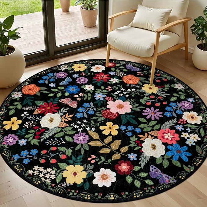 PLHXFR Round Area Rug Living Room: 4 ft Floral Washable Soft Carpet Black | For Bedroom Dining Room Farmhouse Nursery Hallway,Vintage Floral,Machine washable,Non Slip,Stain Resistant,Large Indoor
