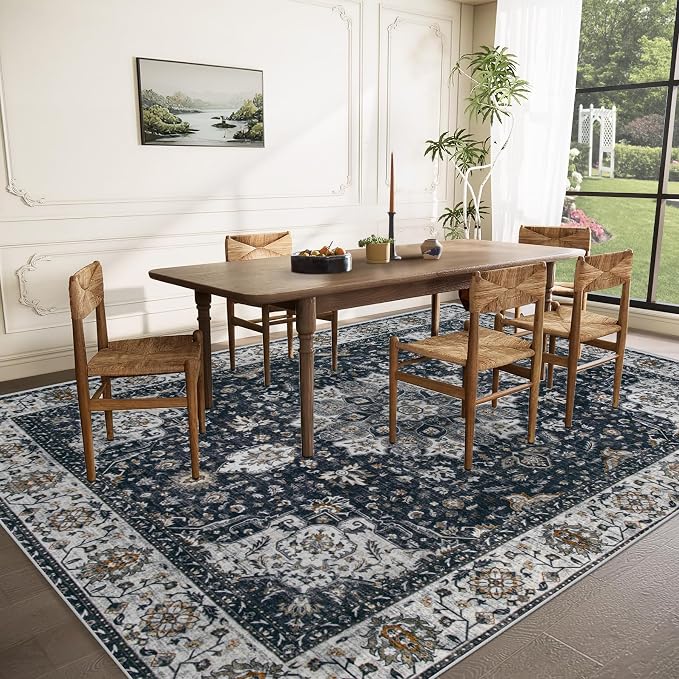 Area Rug 9x12 Washable Rug, Vintage Boho Medallion Rugs Non-Slip Soft Low Pile Large Distressed Rug Indoor Retro Carpet for Living Room Bedroom Dining Room Home Office (Vintage Black, 9'x12')