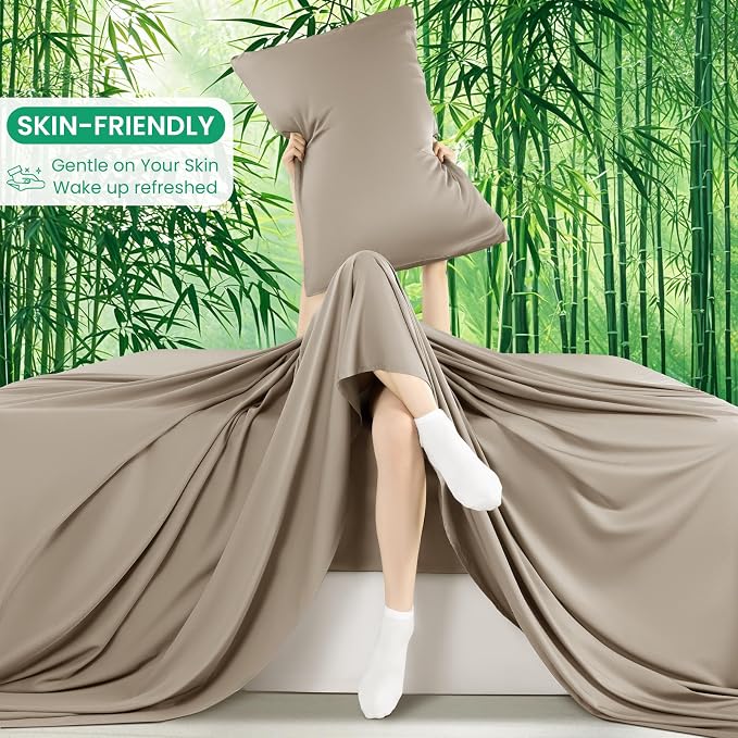 SONORO KATE 100% Viscose Derived from Bamboo_Sheets Full Size,4PC | Cooling Bed Sheets for Hot Sleepers,Soft Breathable & Silky,16" Deep Pocket,Luxury Hotel Bedding,Simply Taupe
