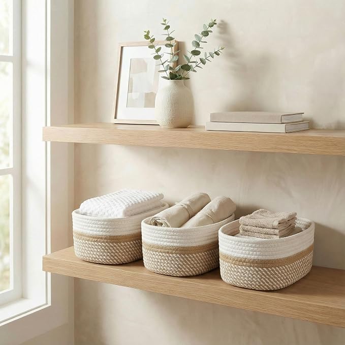 Beautiful Storage Basket Set of 3 - Sturdy Rope Baskets for Shelves | Perfect for Organizing Your Home - Quality Storage Bins Easily Fit with Any Nursery or Bedroom Decor