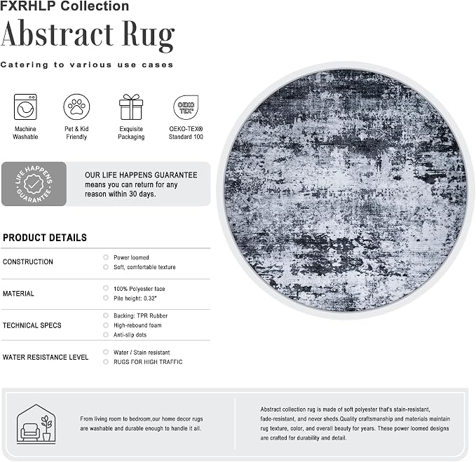Round Area Rug Living Room: 5 ft Modern Washable Carpet Black | For Bedroom Dining Room Farmhouse Nursery Hallway Office,Modern Abstract,Machine washable,Non-Slip,Stain Resistant,Indoor