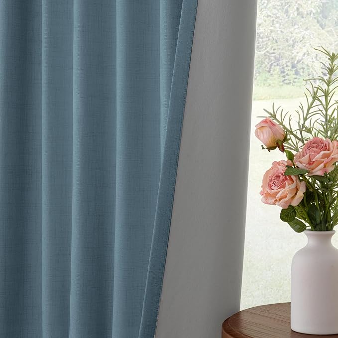 INOVADAY 100% Blackout Curtains for Bedroom Black Out Curtains 90 Inch Long | Stone Blue Living Room Curtains 2 Panels, Clip Rings Linen Look Blackout Drapes, Thermal Insulated Room Darkening,W50xL90