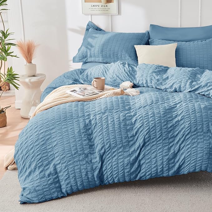 HYMOKEGE Mineral Blue Duvet Cover Full Size, Ultra Soft 3-Piece Seersucker Duvet Cover Set with Zipper Closure, Soft Brushed Microfiber Bedding Set with 8 Corner Ties (80"x90", 2 Pillowshams)