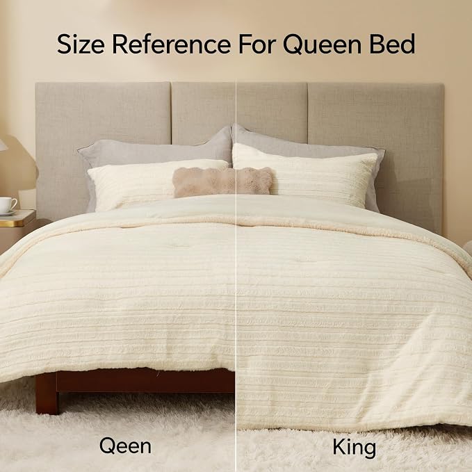 BEDELITE Faux Fur King Size Comforter Set, Fluffy Bed Set, Cream White | Super Soft & Warm, Luxury Fuzzy Cozy Comforter for Winter, Heavy Plush Bed set, with 2 Pillowcases