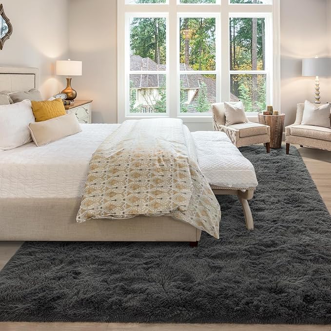 Soft Modern Indoor Large Shaggy Rug for Livingroom Bedroom Dorm Kids Room Home Decorative, Non-Slip Plush Fluffy Furry Fur Area Rugs Comfy Nursery Accent Floor Carpet 8x10 Feet, Dark Grey