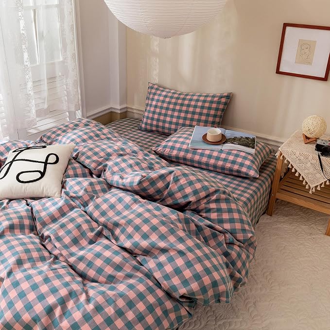 LifeTB Purple Pink Plaid Comforter Set Full Geometric Checkered Pattern Comforter Boho Grid Plaid Printed Bedding Comforter Set Fluffy Soft Lightweight Bedding Comforter Full Size with 2 Pillowcases