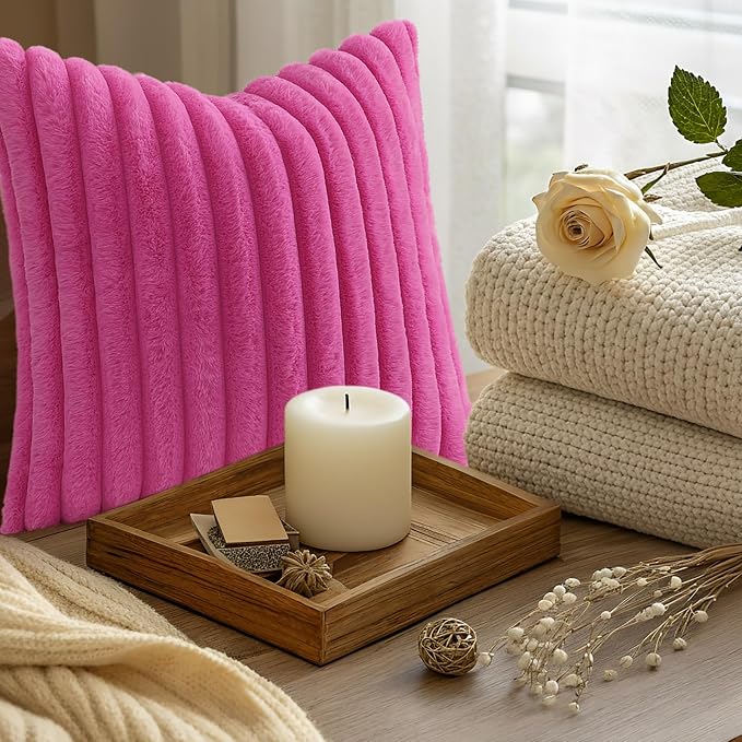 decorUhome Fall Faux Fur Throw Pillow Covers 24x24 Set of 2 Hot Pink | Decorative Soft Cozy Striped Plush Modern Farmhouse Boho Couch Pillow Cases Velvet Back for Sofa Bed Living Room Home Decor