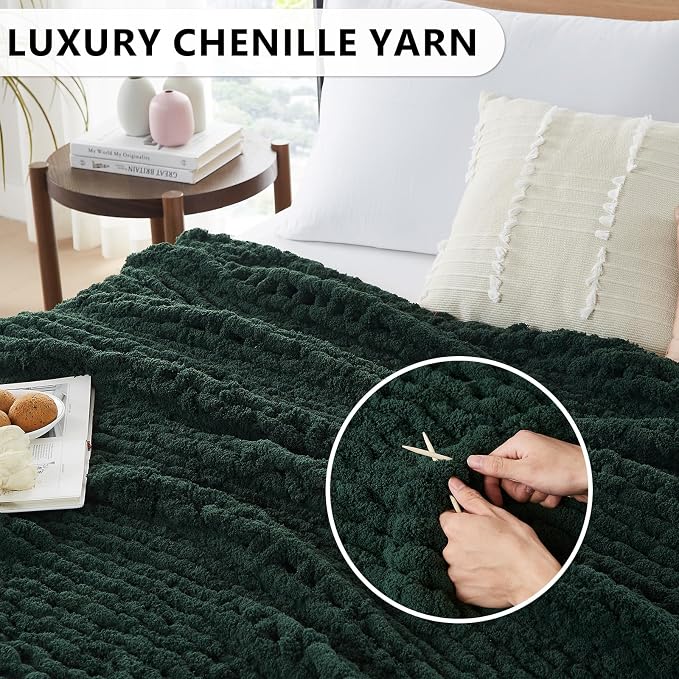L'AGRATY Chunky Knit Throw Blanket for Couch, 72 x 84 Inches, Olive Green | Handmade Chenille Crochet Blanket for Sofa Bed, Thick Cable Knitted Blankets for Room Home Decor, Birthday Gift for Women Mom