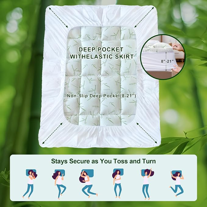 4 Inch Mattress Topper Memory Foam Cooling Bamboo Queen Size Back Pain | Gel Airflow Channels Wick Heat Moisture Orthopedic Support Deep Pocket 360 Edge Fits 8-21 Inch Washable Hypoallergenic Queen