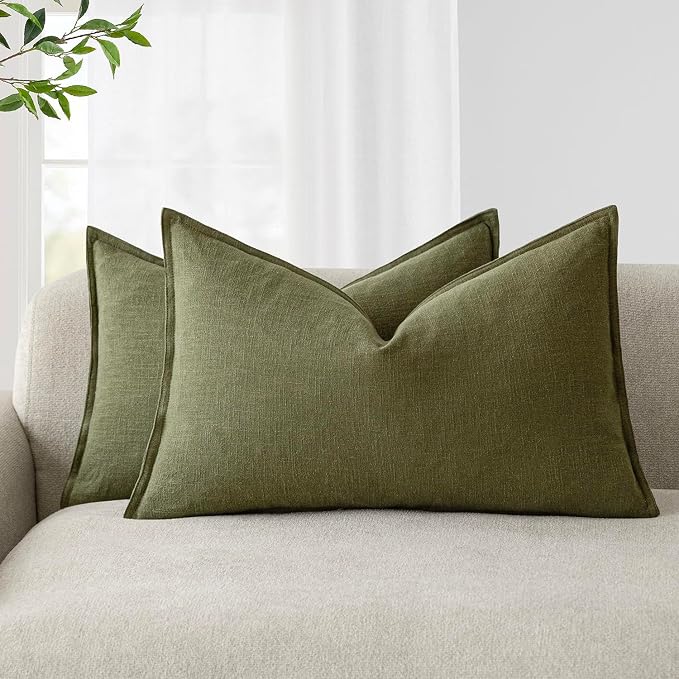 Foindtower Decorative Linen Lumbar Throw Pillow Covers 12x20 Olive Green | Pack of 2 Boho Farmhouse Pillowcase,Accent Neutral Solid Cushion Covers,Morden Home Decor for Couch Sofa Bedroom Living Room