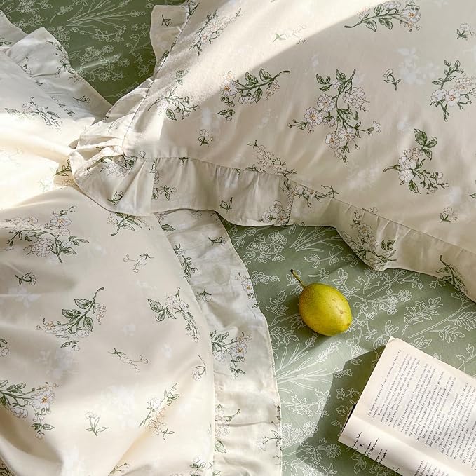 mixinni Reversible Sage Green Floral Duvet Cover Set King Size - 100% Cotton Cute Botanical Patterns Bedding Set with Ruffle Lace, 3PCs Beige Soft Aesthetic Cottagecore Style Duvet Cover for Girls