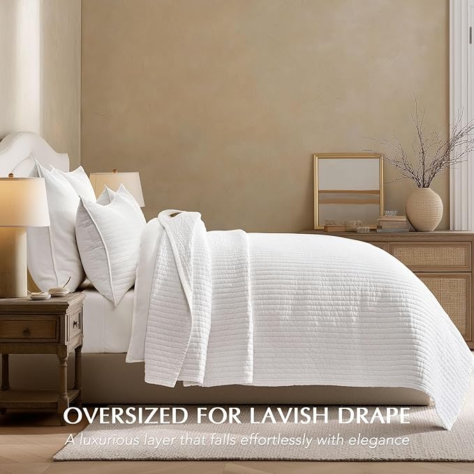 EVERGRACEHOME Cotton Sateen Quilt Set, Queen Size, Bright White | 100% Cotton, Channel Stitch Coverlet Bedspread, Pre-Washed Lightweight Soft Bedding Set for All Season, 3 Piece, with 2 Shams