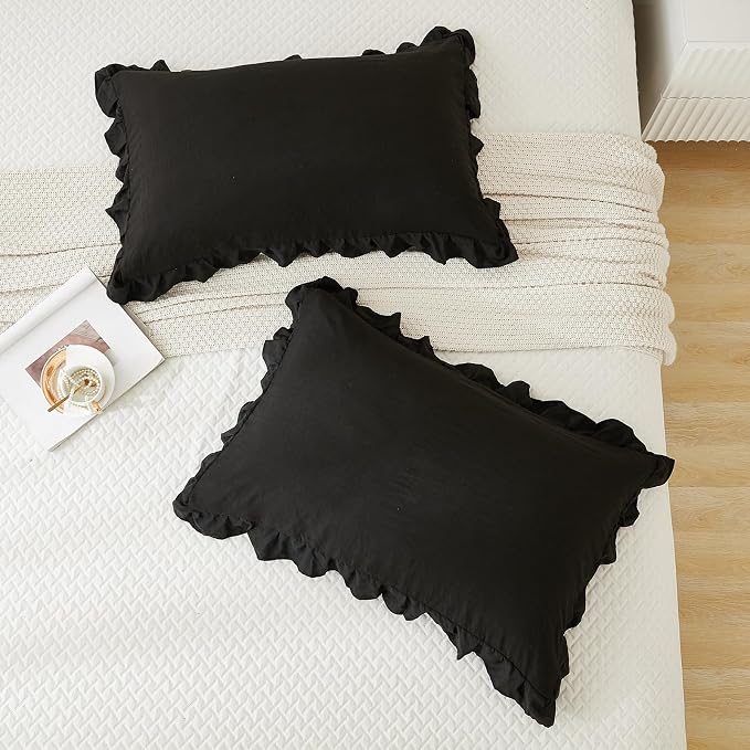 Black Pillow Shams Black Ruffle Queen Pillowcases Cute Pillow Cover Set of 2 Shabby Chic Soft Microfiber Pillowcases 2 Pack (Queen (20''x30'')