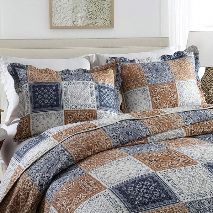 Quilt Bedspread Sets-Color Block Pattern Reversible Coverlet Set,King Size