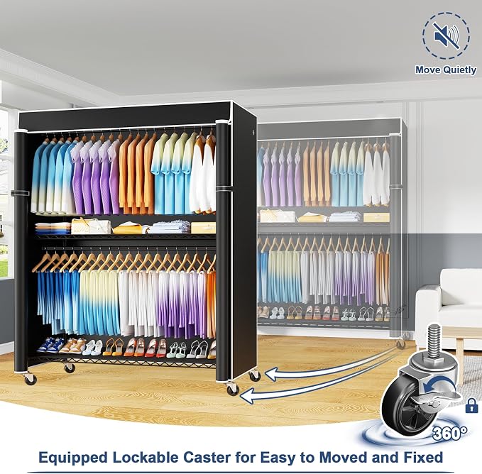 P8C Max Heavy Duty Clothes Rack（With Extended Width Design） Rolling Clothing Racks for Hanging Clothes with Lockable Wheels，51.2"W x 15.8"D x 80.5"H，Load 800LBS，Black Rack with Black Cover
